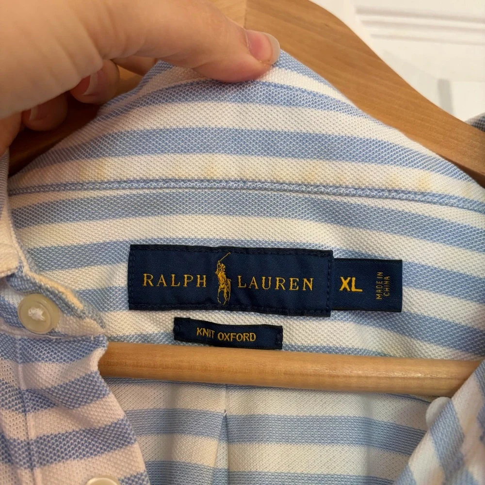 Men’s Ralph Lauren Blue Striped Knit Oxford Short Sleeved Polo Size XL